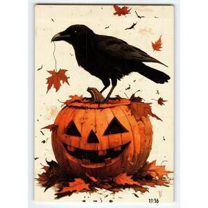 Vintage Halloween Postcard Crow on Jack-O'-Lantern Pumpkin 5.5x4"